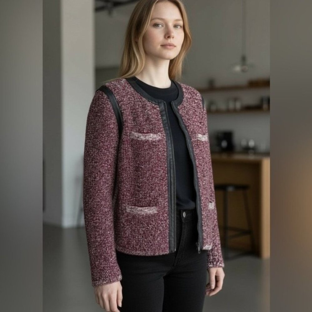 Rag & Bone X Barney's Red & White Tweed Zip-Up Jacket Leather Trim, Size XS